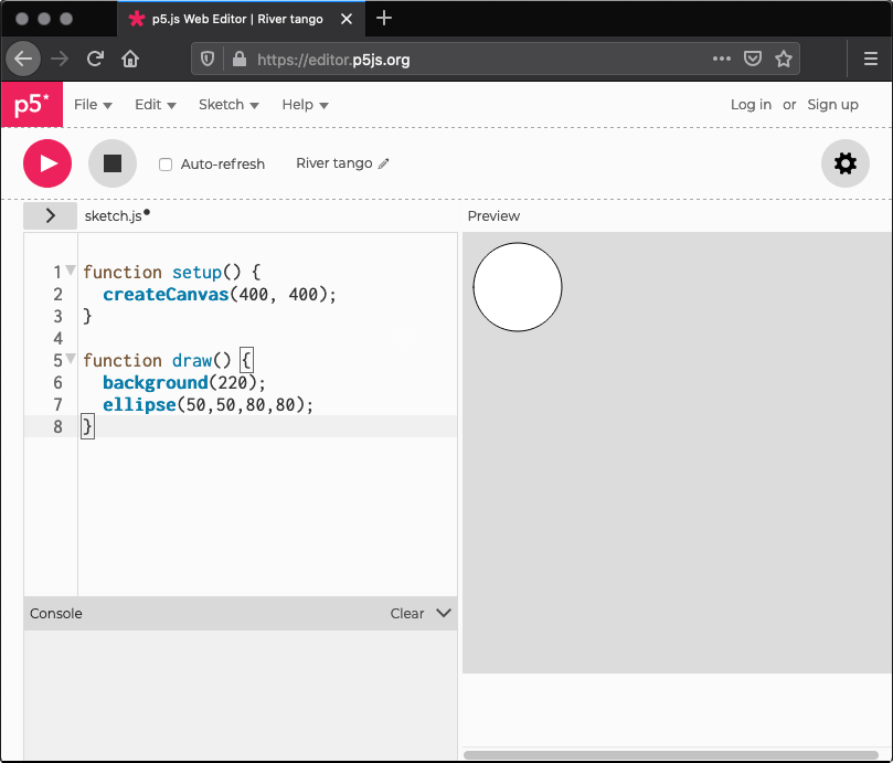 canvas has a circle of width and height 50 at position 80 x and 80 y